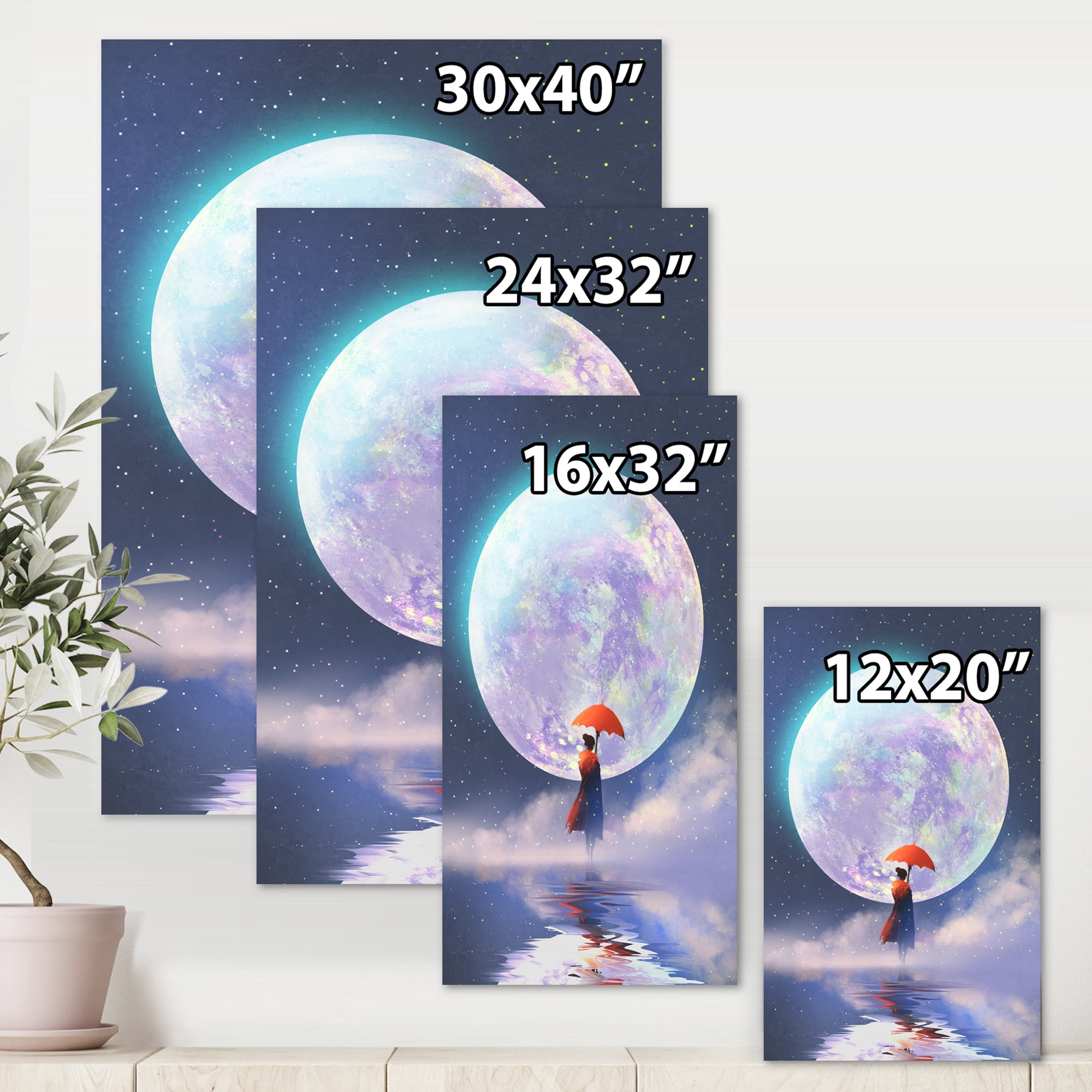 Designart ' Girl With Umbrella Standing On Water Against Moon ' Traditional Canvas Wall Art Print