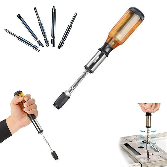 Push-Pull Ratchet Screwdriver, Semi-automatic Adjustment Spiral Ratchet Screwdriver with 5 Replaceable Heads - Easy Disassembly