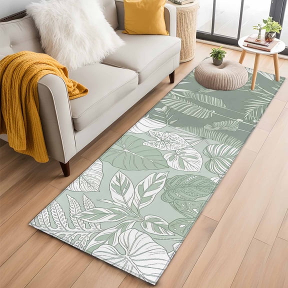 Kitchen Runner 2 x 6 Ft, Palm Leaves Non-Slip Residential Carpet, Tropical Botanical Monstera Leaf Light Green Indoor Crawling Mats Runner Rugs for Living Room/Dining Room/Bedroom