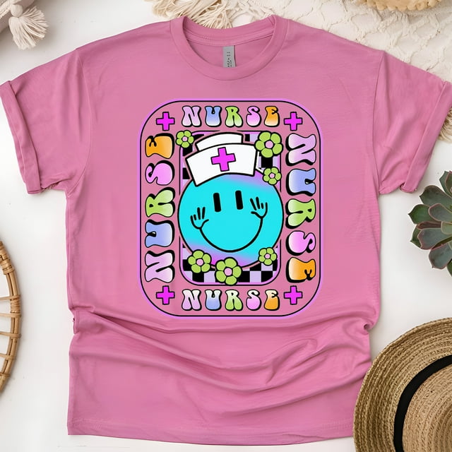 Colorful Retro Nurse T-Shirt with Smiley Face Graphic, Heliconia, Size L