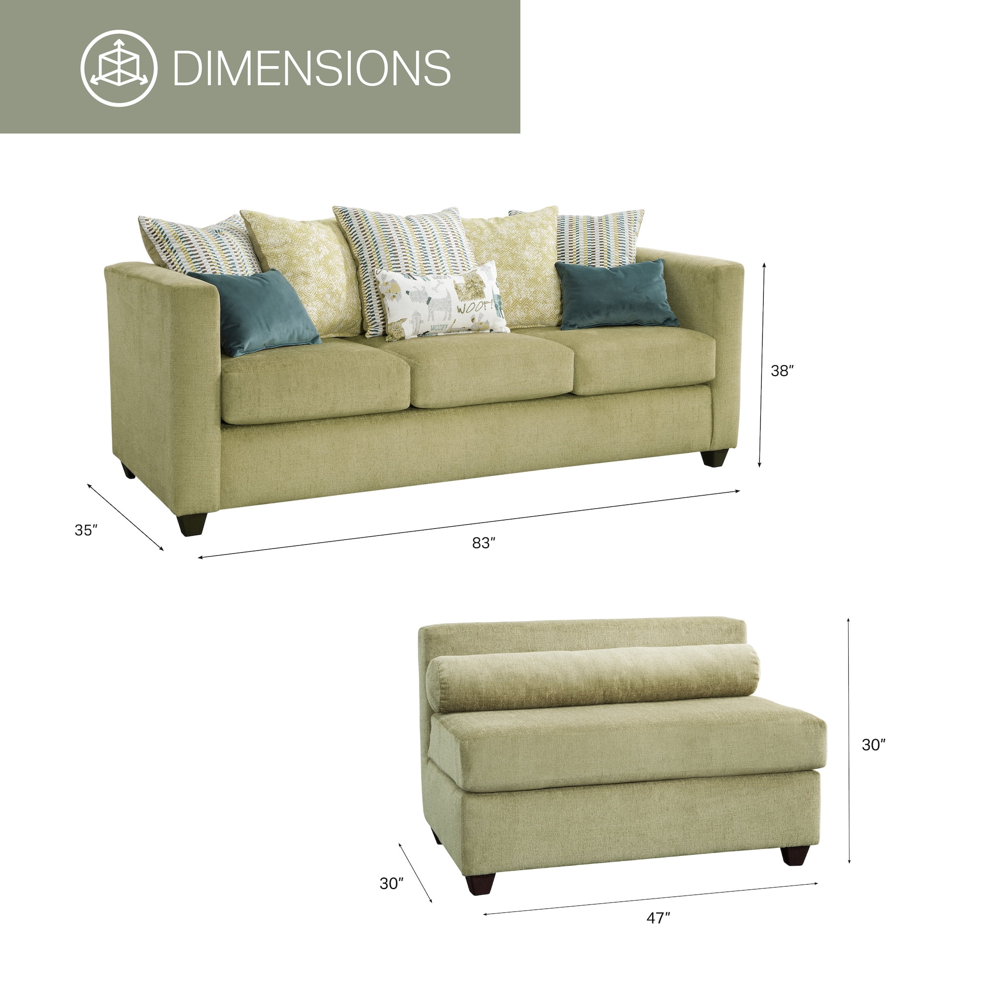 American Furniture Classics Model 8-10-A238V5-K Urban Square Arm Green Two Piece Sectional Sofa with Seven Throw Pillows