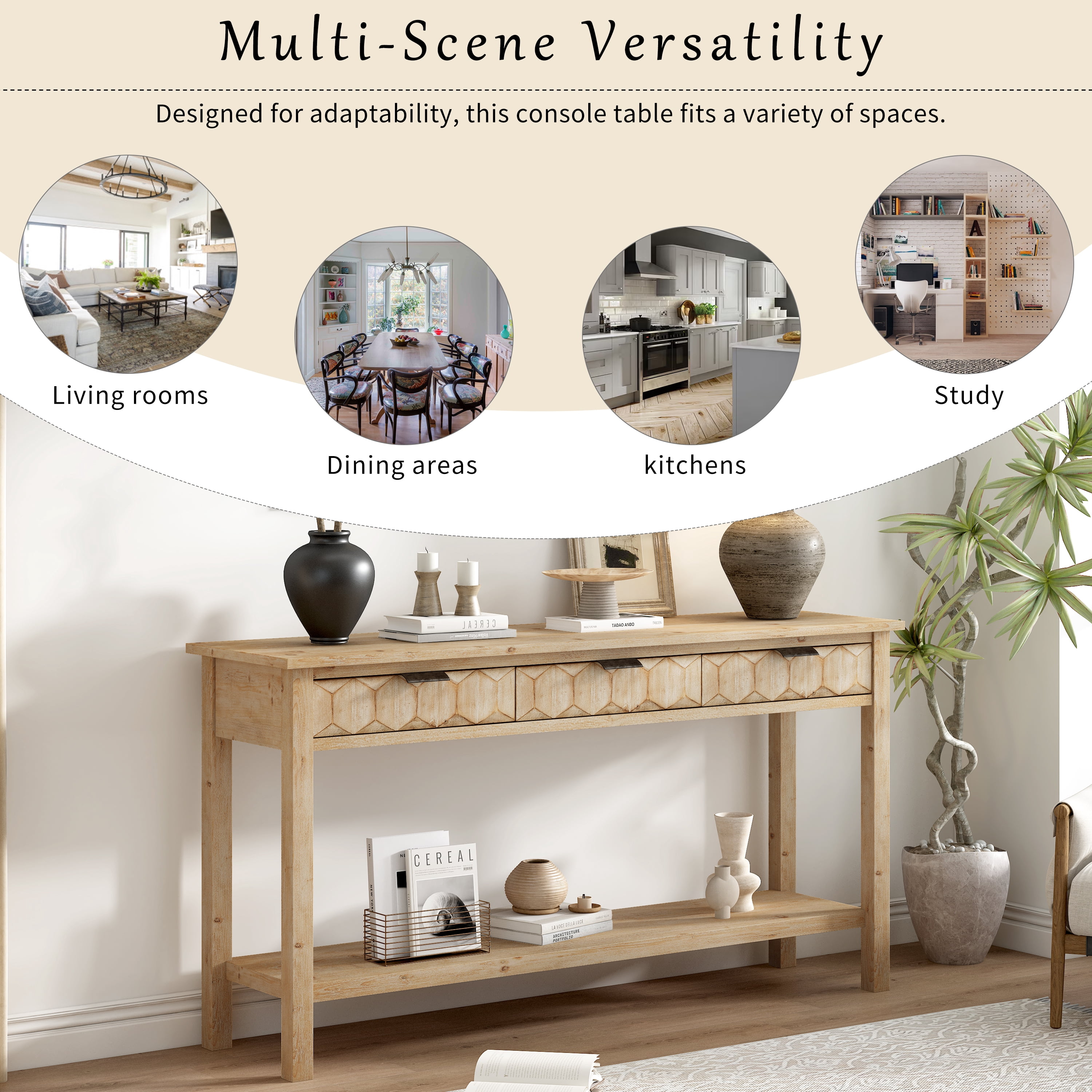 58.3" Fir Veneer Entryway Table with Honeycomb-patterned Fronts,Modern Stylish Console Table with 3 Drawers and Solid Fir legs,Suitable for Living Room,Entryway, Hallway, Study, Foyer