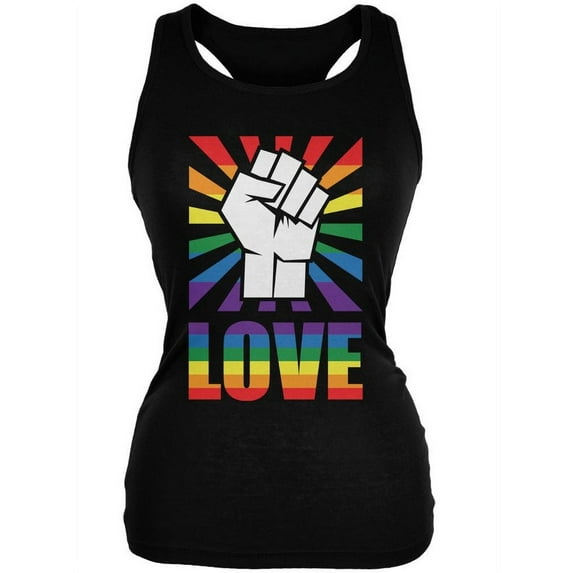 LGBT Gay Pride LOVE Raised Fist Black Juniors Soft Tank Top - Small