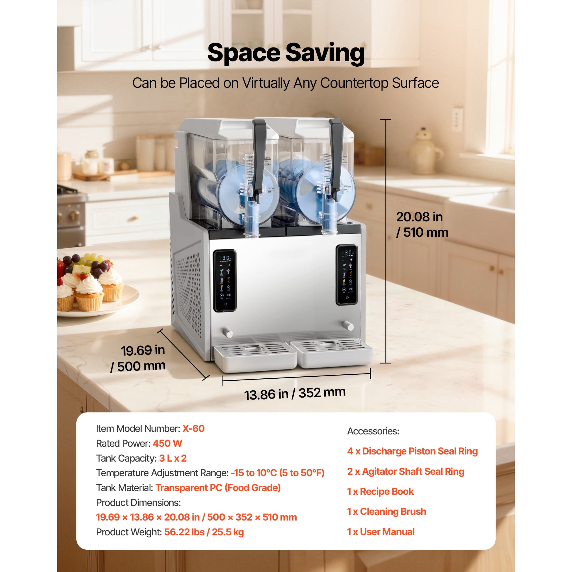 KFFKFF Dual-Tank Frozen Drink Machine, 3L/100oz Capacity Each, Home Slush Maker with Self-Cleaning Function, Ideal for Margaritas, Frappés, Milkshakes, and Other Frozen Beverages