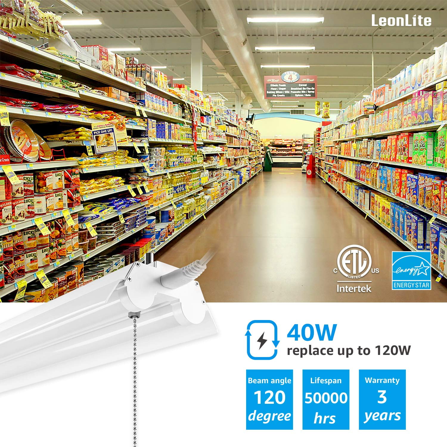 LEONLITE 4 Pack 4ft 40W Linkable LED Shop Light, LED Garage Shop Light