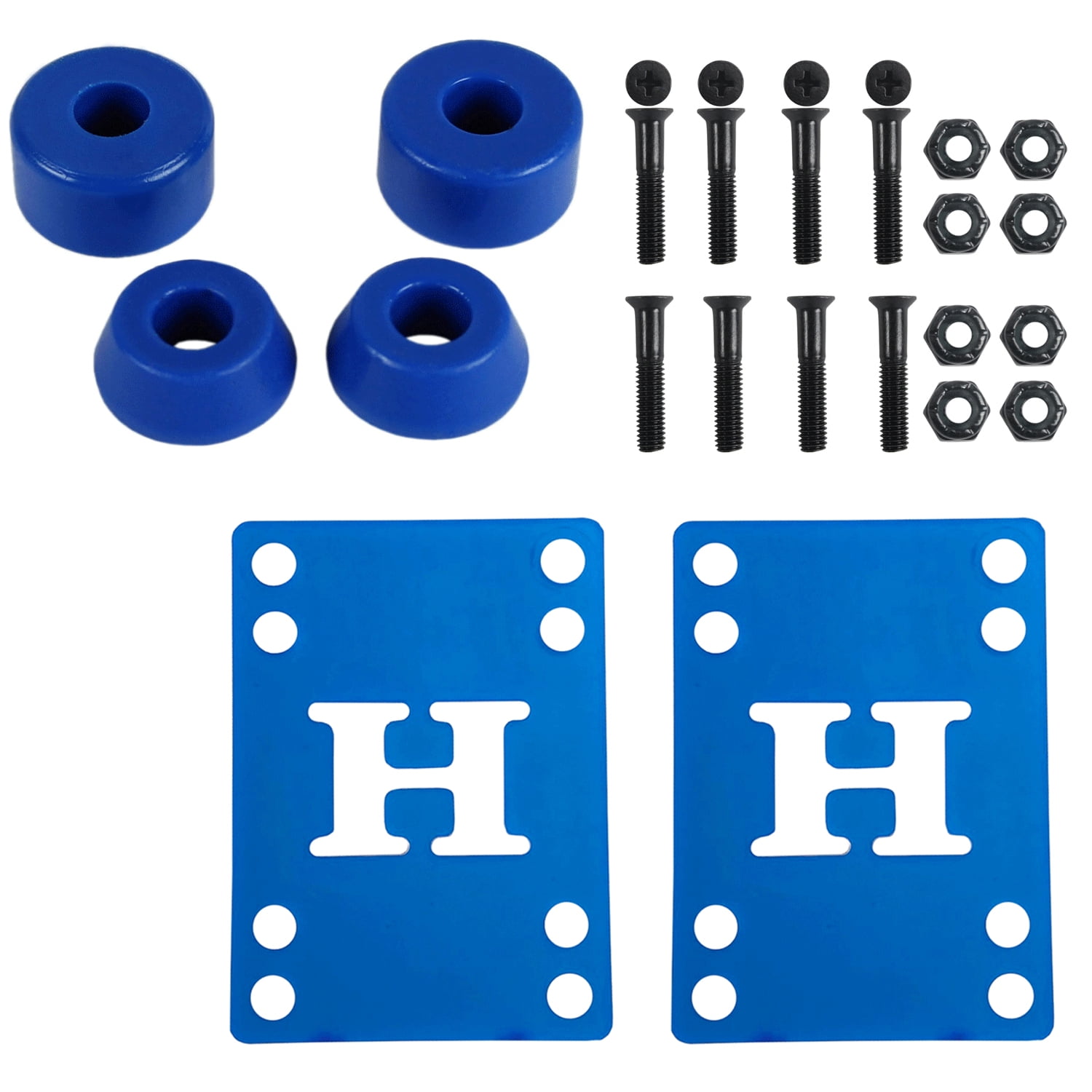 Skateboard Bushings Soft 88 with Blue Riser Pads and 1