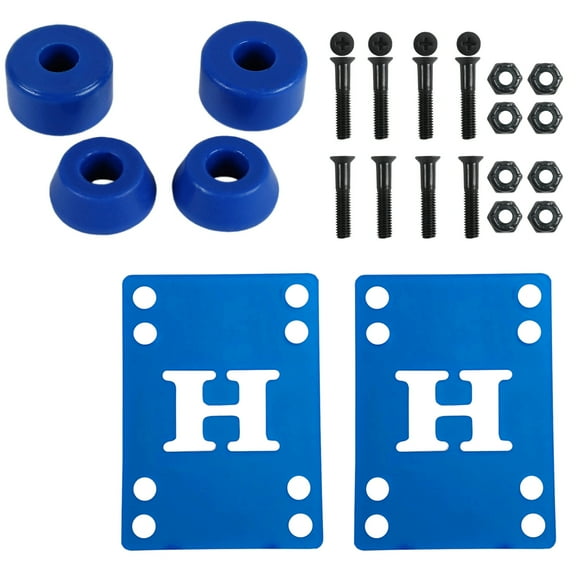 Skateboard Bushings Soft 88 with Blue Riser Pads and 1" Phillips Hardware
