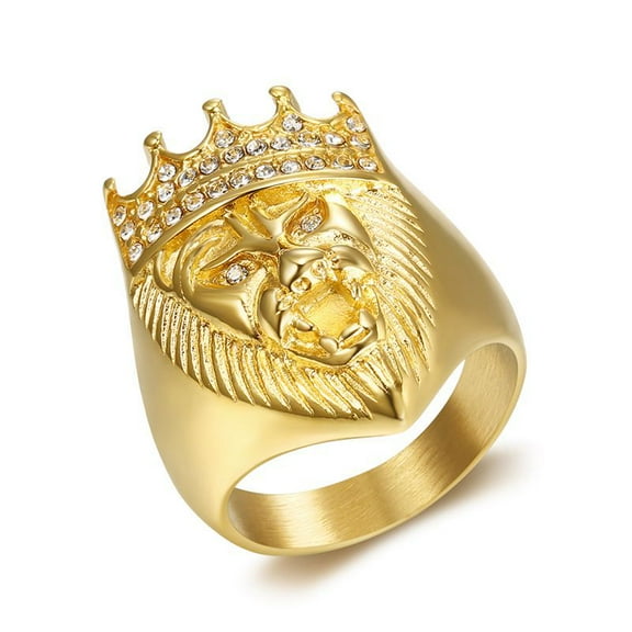 New Golden Color King Lion 's Head and Crown Ring 14K Yellow Gold Men Hip Hop Punk Animal Shape CZ Crystal Ring Male Jewelry Gifts
