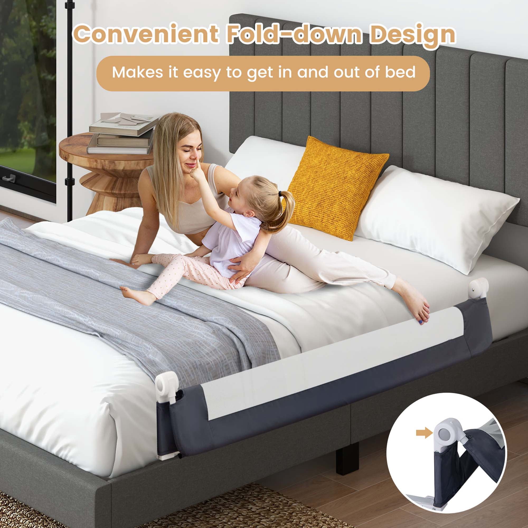 Babyjoy 60" Toddler Foldable Bed Rail with Adjustable Safety Strap Bedrail Guard Gray