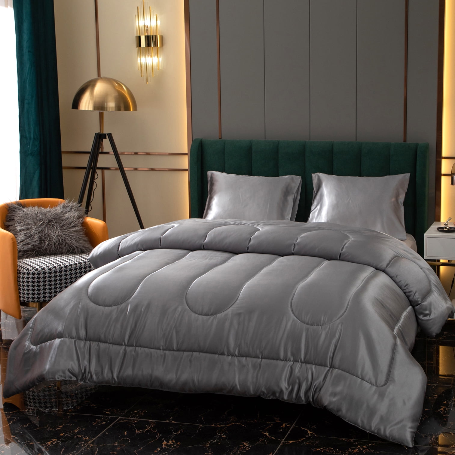 Move Over Silver Grey Satin Comforter Set King Silk like Satin Bedding Sets Solid Color Pattern