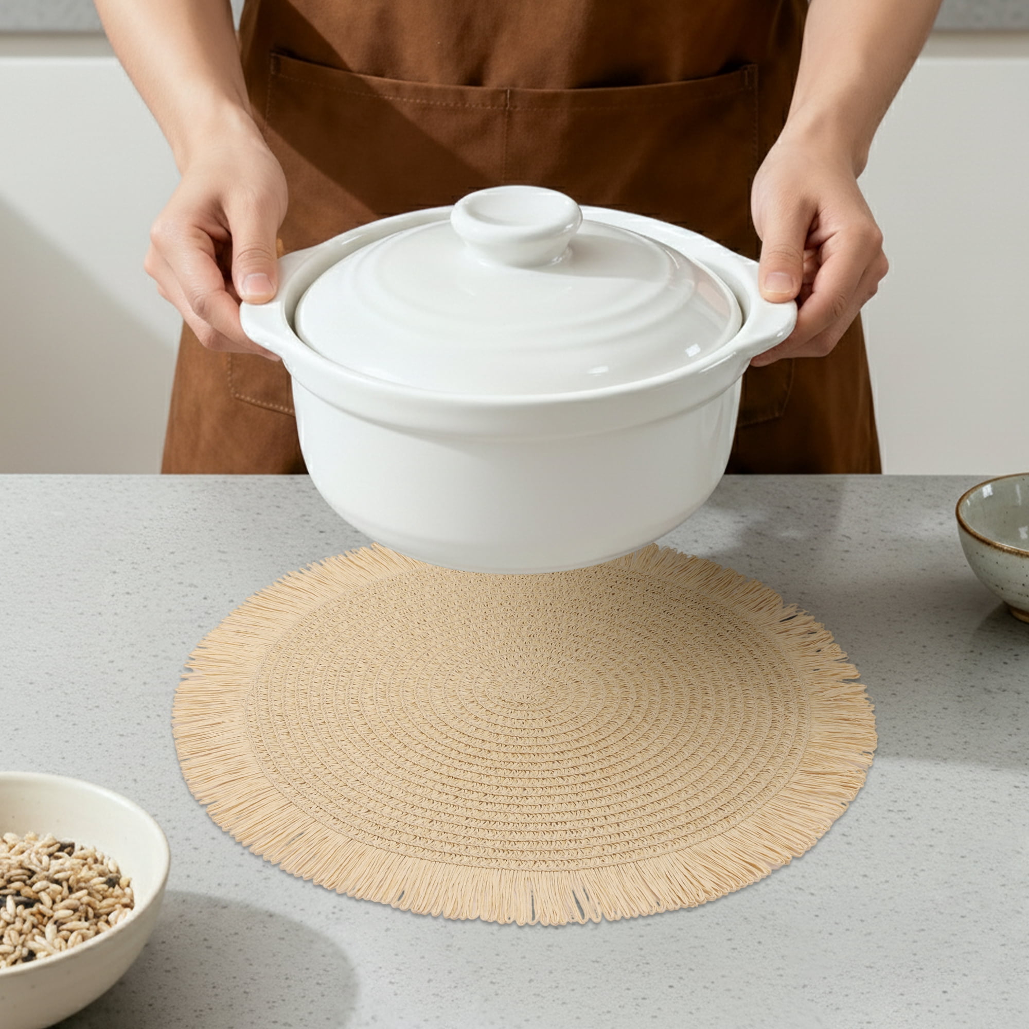 Unique Bargains Rustic Woven Round Placemats 6pcs Beige 15"x15"