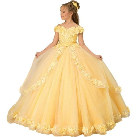 Drtj Kids Teens Flower Girl Dress Appliques - Tulle Princess Pageant Long Ball Gown Dresses