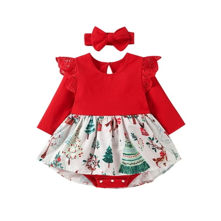 

elfinBE Baby Girl Christmas Long Sleeve Printed Romper Dress With Hairband 2PCs Outfit Suit 3-18M