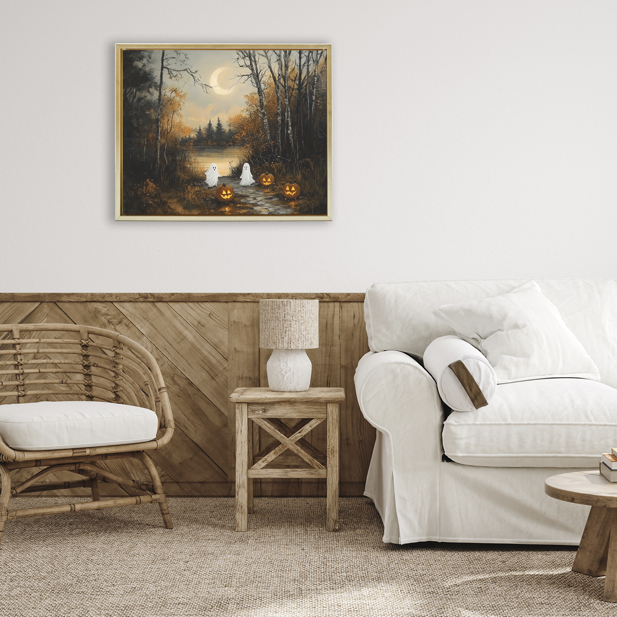 Autumn Ghosts at Lake Gold Framed Floater Canvas Wall Art, design by Arlington Prints