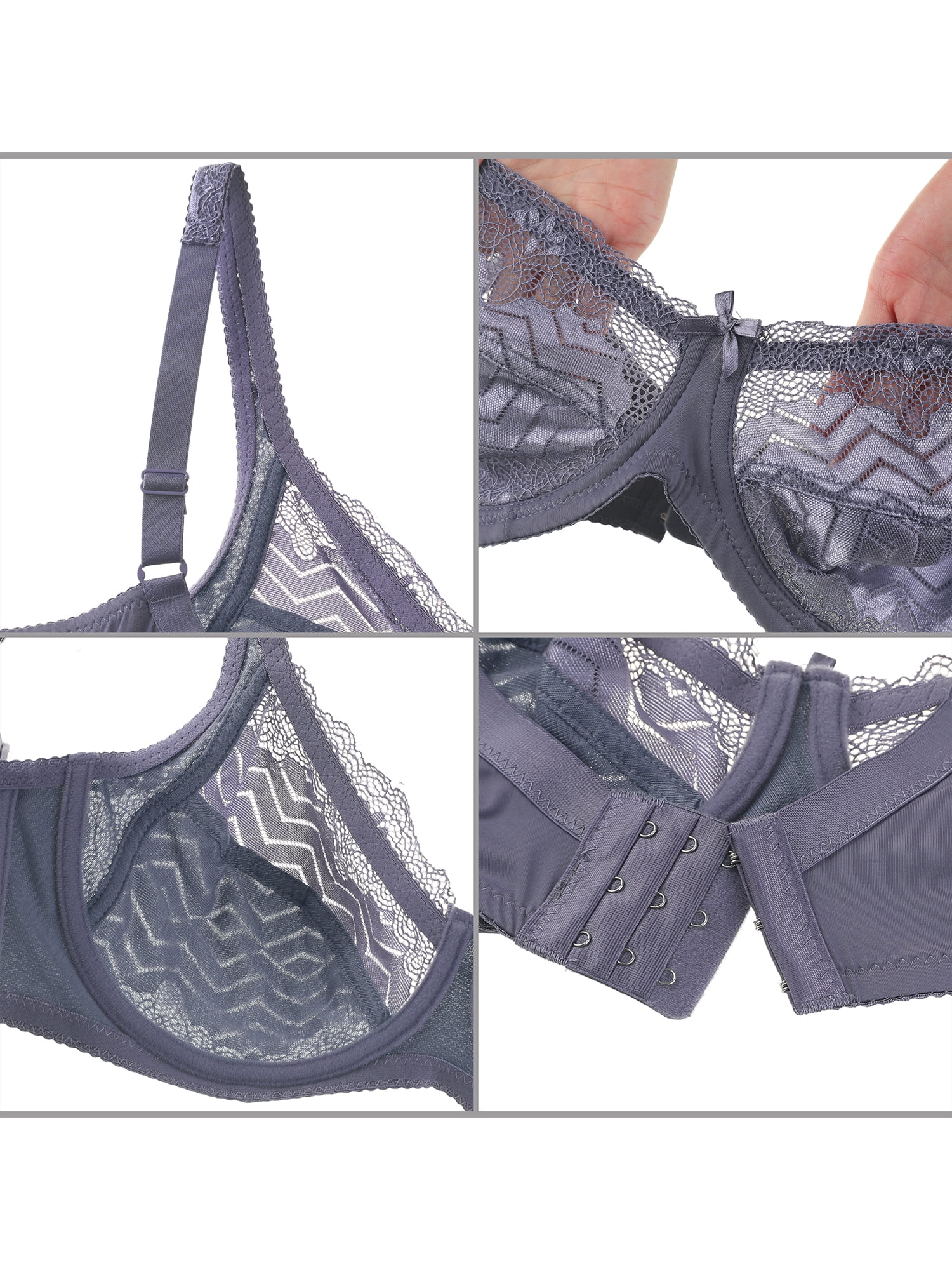 Unique Bargains Women's Plus Size Underwire Lace Trim Adjustable Straps Bra and Panty Set 42C Light Gray