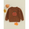 thumbnail image 2 of Toddler Baby Boy Girl Halloween Outfit Knit Chunky Pumpkin Sweaters Crew Neck Pullover Sweatshirt Tops Fall Winter Clothes, 2 of 7