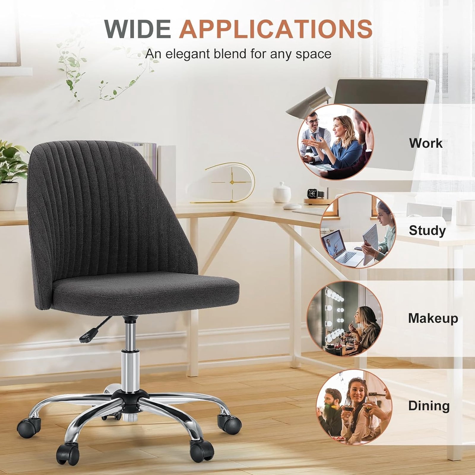 Casabay Armless Office Chair, Extra Cushion Padded Compact Upholstered Desk Chair with Back Support, Rolling Swivel Vanity Chair for Home Office, Dark Gray