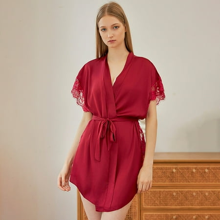 Sexy Lingerie for Woman Silk Satin Lace Robes Kimono Sleepwear Robe Summer Mini Night Dress Female Bathrobe Nightgown Loungewear Xinyi