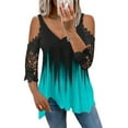thumbnail image 6 of sunsanly Lace Half Sleeve Gradient Color Women T-shirt Cold Shoulder V-neck Summer Top, 6 of 7