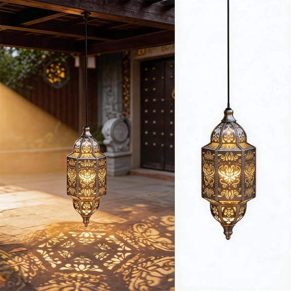 Hanging Solar Lantern Outdoor Decor, Moroccan Solar Lights for Outside Garden Decorations, Waterproof Metal LED Lanterns Garden Gifts for Patio Pathway Yard Backyard Garden Decorative