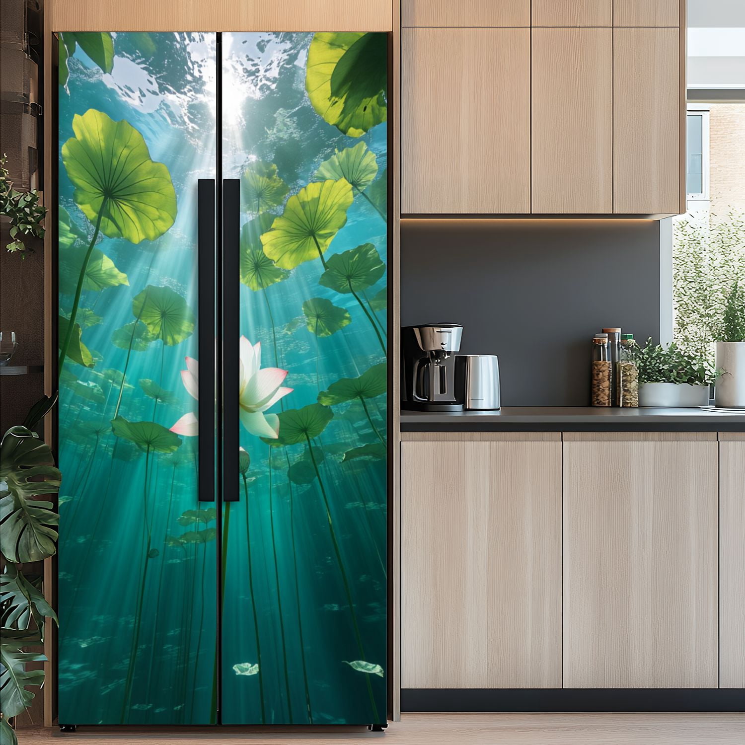 Self Adhesive Vinyl Refrigerator Wrap Set Zen Underwater Lotus Flower Sunlight Green Leaves Spiritual Door Mural Removable Fridge Sticker Peel and Stick&nbsp;Full Door Cover Decal Kitchen Bar Decor
