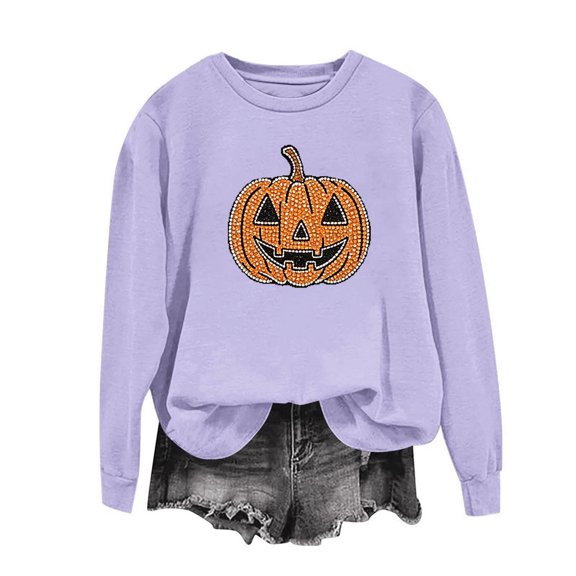 Xdegoge Women's Pumpkin Graphic Sweatshirt Glitter Rhinestone Jack O Lantern Pullover Tops Casual Long Sleeve Crewneck Fall Shirts for Halloween Party Lounge