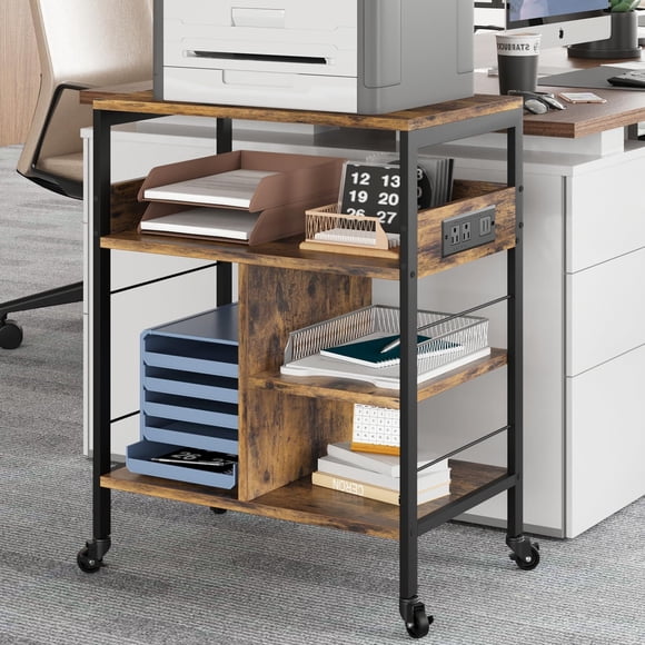 Bingirl Large Printer Stand: 4 - Tier Rolling Printer Cart with Power Outlets, USB Ports and Wheels for Desktop CPU in Home Office or Living Room (Rustic Brown)