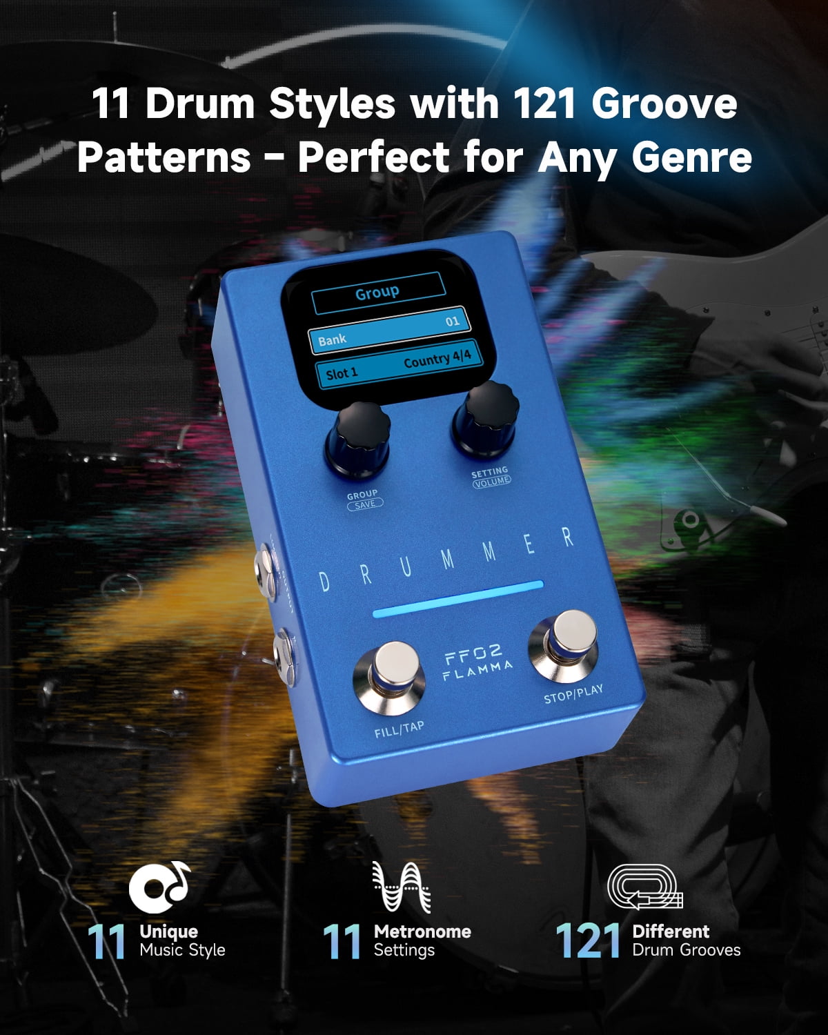 FLAMMA FF02 Drum Machine Guitar Pedal - 121 Drum Grooves, 11 Music Genres, Tap Tempo, Customizable Rhythms, Stereo I/O for Live & Studio Use