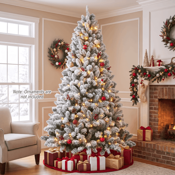 7FT Artificial Snow Flocked Christmas Tree, Unlit Artificial Christmas Pine Tree with 800 Branch Snow Tips and Metal Stand, Holiday Xmas Pine Tree for Indoor Outdoor Home Office Party Decoration