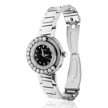 Matashi Crystals 18K White Gold Plated Womens Watch with a Water Resistant Black Watch Face Surrounded by Swiveling Crystals and an Adjustable Band