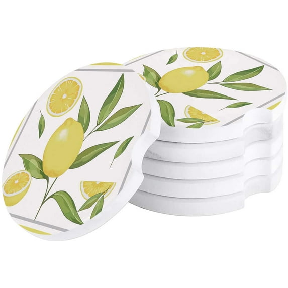 FMSHPON Simple Lemon and Leaf Yellow Border Set of 2 Car Coaster for Drinks, Absorbent Ceramic Stone Coasters Cup Mat with Cork Base for Home Kitchen Room Coffee Table Bar Decor