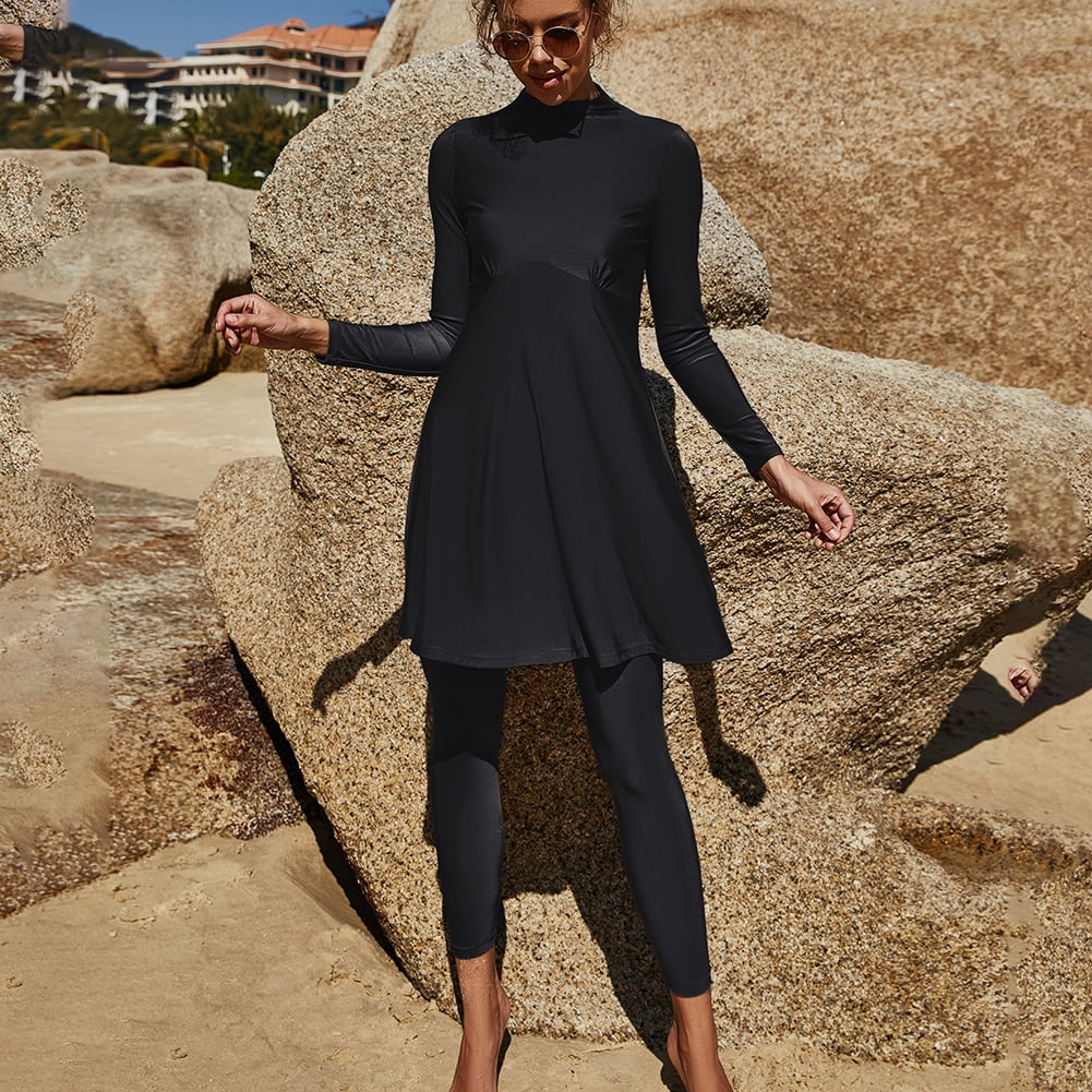 IBTOM CASTLE Women Muslim Swimsuits Modest Burkini Swimwear Islamic Long Sleeve Full Cover Swim Top Leggings Pants ​Bathing Suits L Black