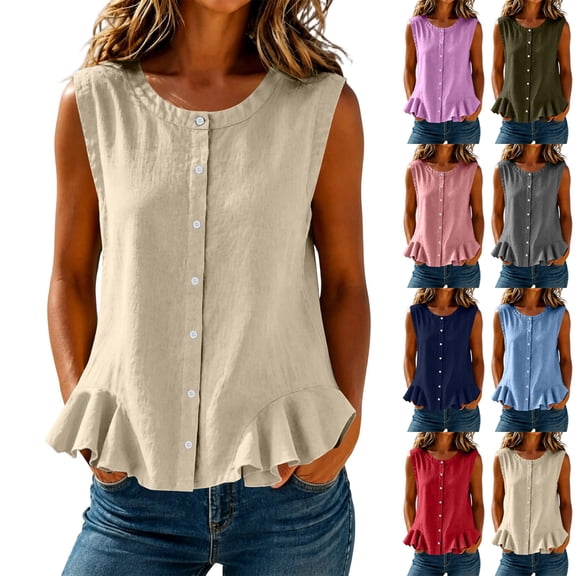 Luivaraty Tank Tops for Women Soild Color Summer Beach Shirts Comfy Button Crew Neck Ruffle Hem Sleeveless Shirts, S-2XL