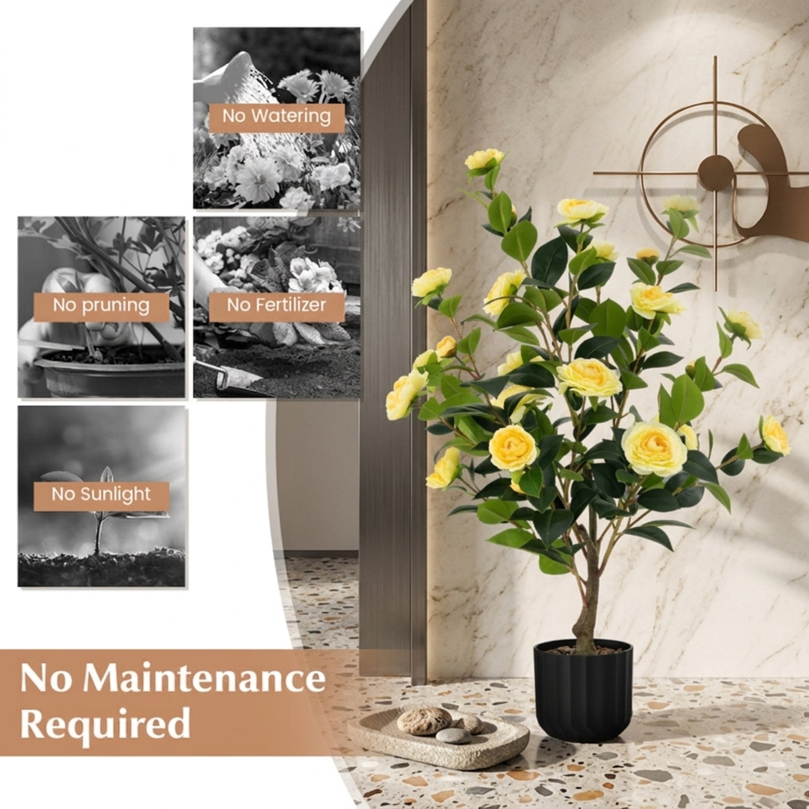 Vebreda Artificial Plant Decor, 38 Inch Artificial Camellia Tree Faux Flower Plant in Cement Pot, Gorgeous and Vivid Appearance