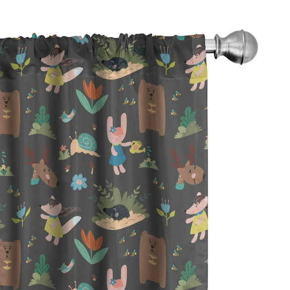 Ambesonne Forest Curtains, Digital Drawn Bear Rabbit, Pair of 28"x63", Cocoa and Pale Earth Yellow