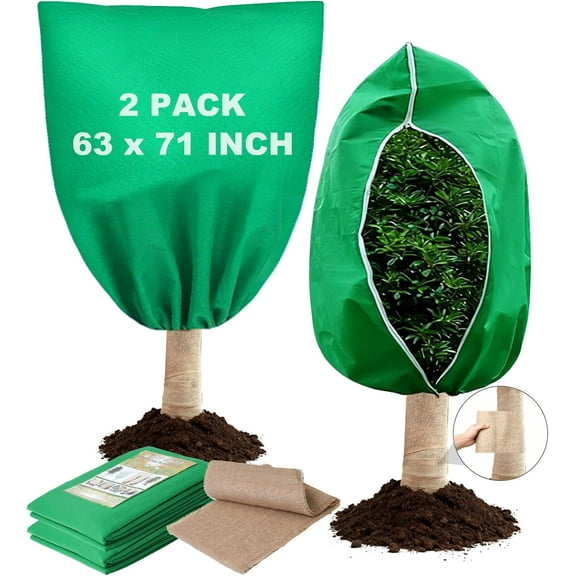 2 Packs Plant Covers Freeze Protection with Burlap Tree Wrap, 63'' x 71'' Plant Covers with Zippers and Drawstrings Winter Frost Cloths for Outdoor Plants & Fruit Trees 2 Pack