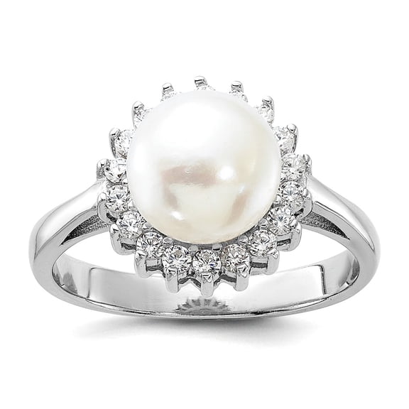 925 Sterling Silver Rhodium Plated 8-9mm White Fwc Pearl and Cubic Zirconia Ring Size 6 Ring for Women
