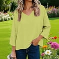 thumbnail image 5 of Cotton Linen Tops for Women Loose Fit Summer Trendy Casual 3/4 Sleeve T-Shirts Solid Color V Neck Tee Blouse (M, Green), 5 of 8