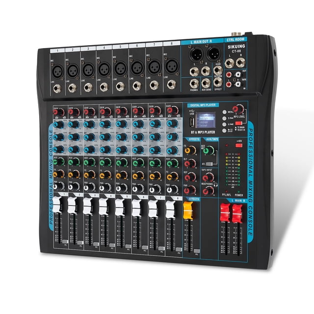 SIKUING Mezclador de audio de 8 canales Mezclador de placa de sonido 16 Interfaz de audio con efecto DSP con unidad USB para grabación de computadora, alimentación de 48 V, conector de micrófono XLR M
