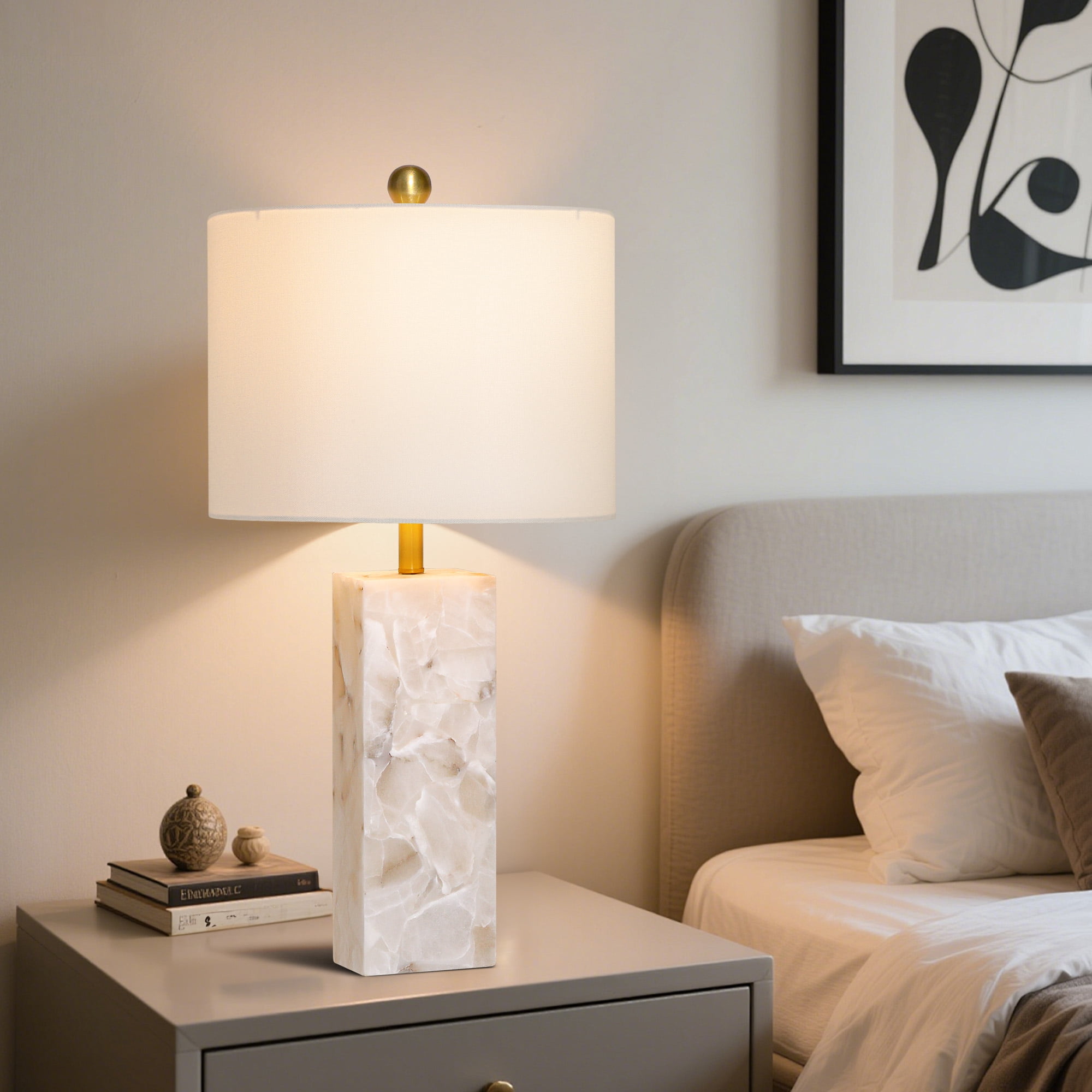 26.5in Alabaster Lamp, Marble Lamp Nightstand Lamp Bedside Desk Lamp with White Linen Lampshade for Bedroom Living Room Office
