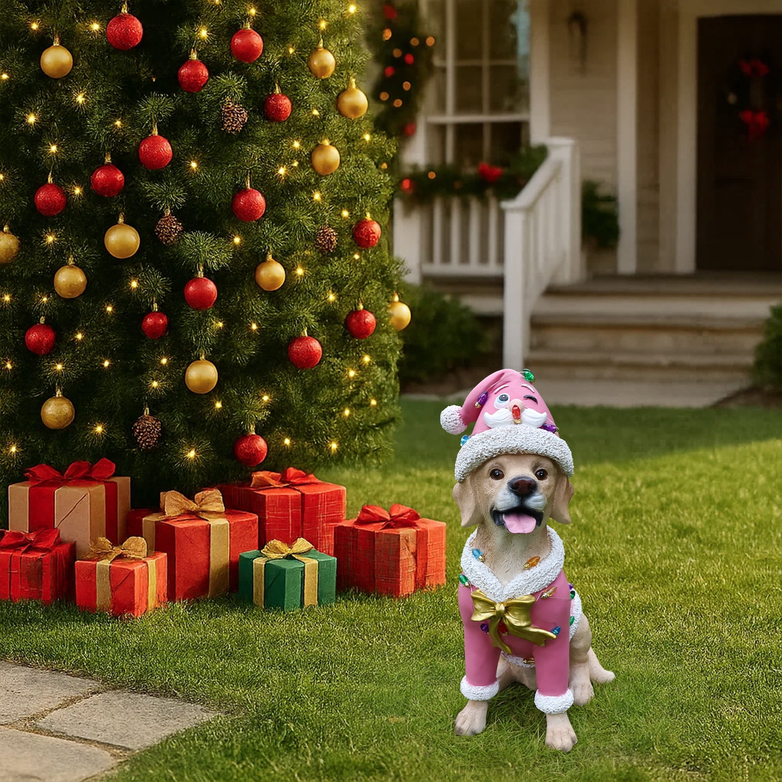 Labrador Pink Santa Outfit Christmas Dog Statue with Santa Hat Holiday Tabletop Decor