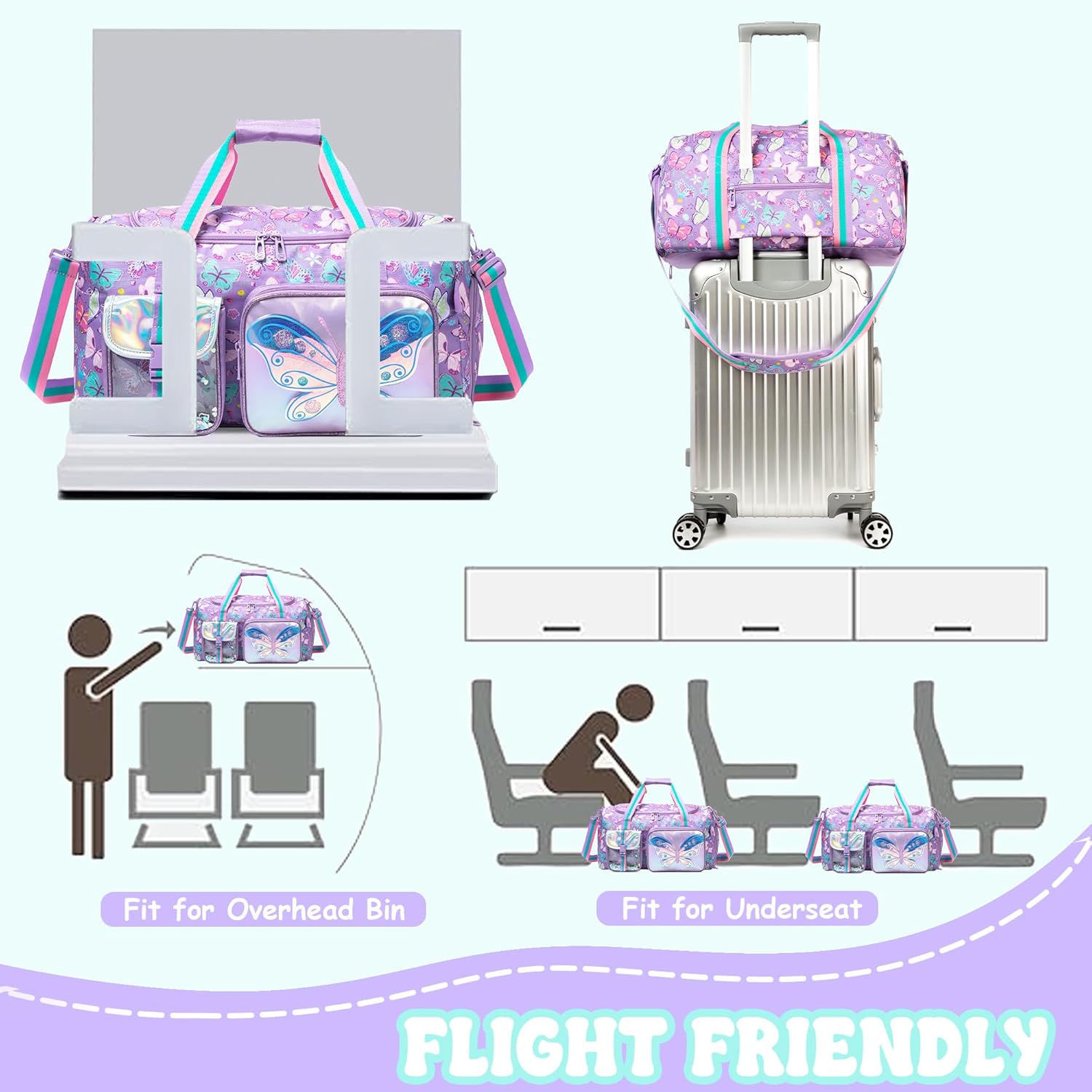 Kids Carry on Luggage Sets for Girls Hard Shell Suitcases with Wheels Hardshell Suitcase with Duffle Bag for Travel Neck Pillow Airplane Butterfly
