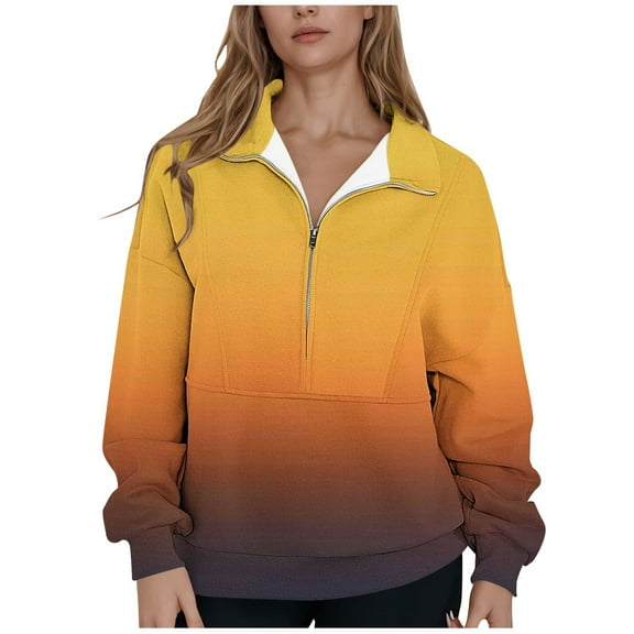 ZUKMRJPC Women's Half Zip Sweatshirt Long Sleeve Lapel Gradient Color Lightweight Casual Pullover Fall Winter Warm Comfy Fleece Lined Tops