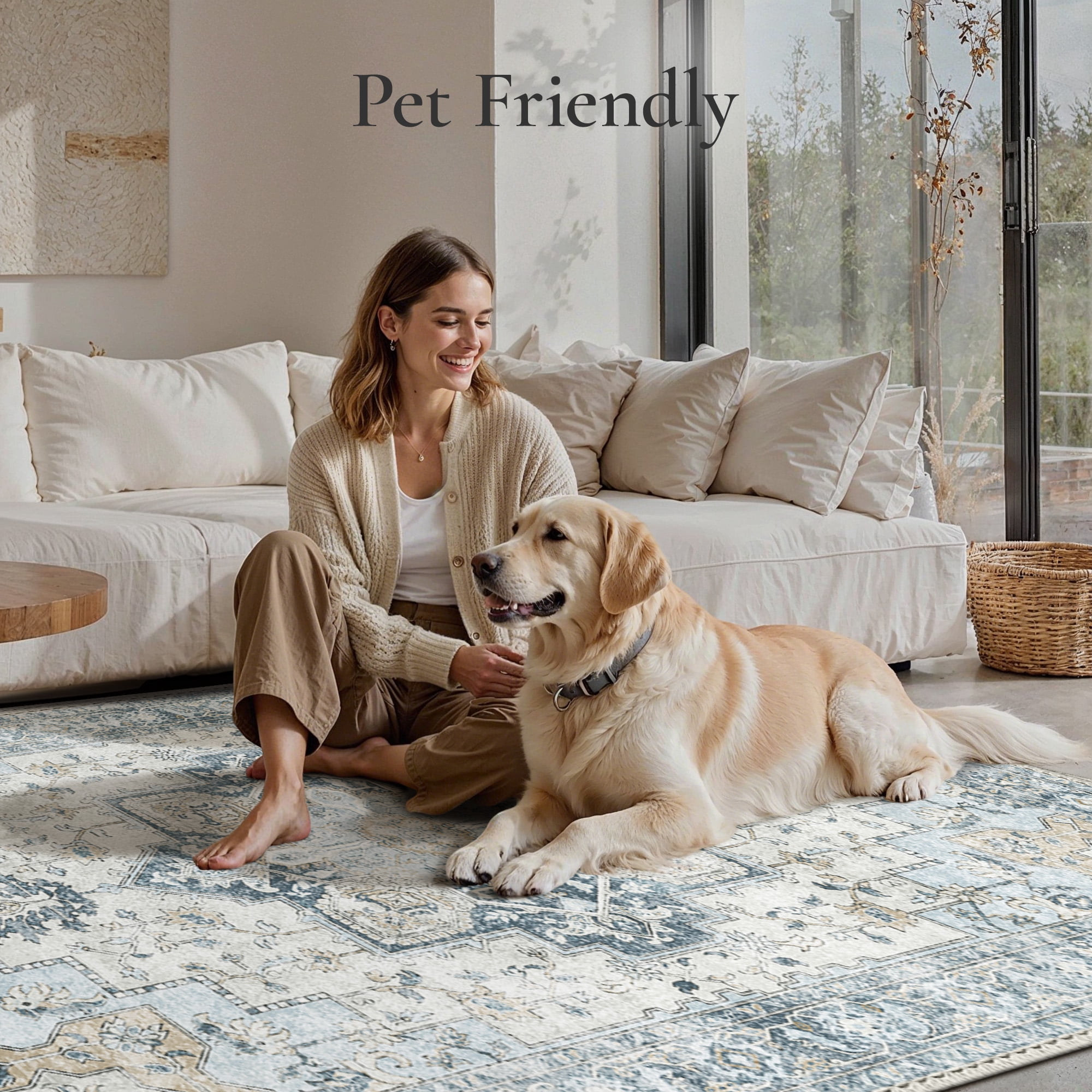 KUETH Modern 8x10 Area Rugs for Living Room, Non Slip Machine Washable Retro Rugs, Low Pile Chenille Print Rug for Bedroom, Dining Room, Home Office, Blue