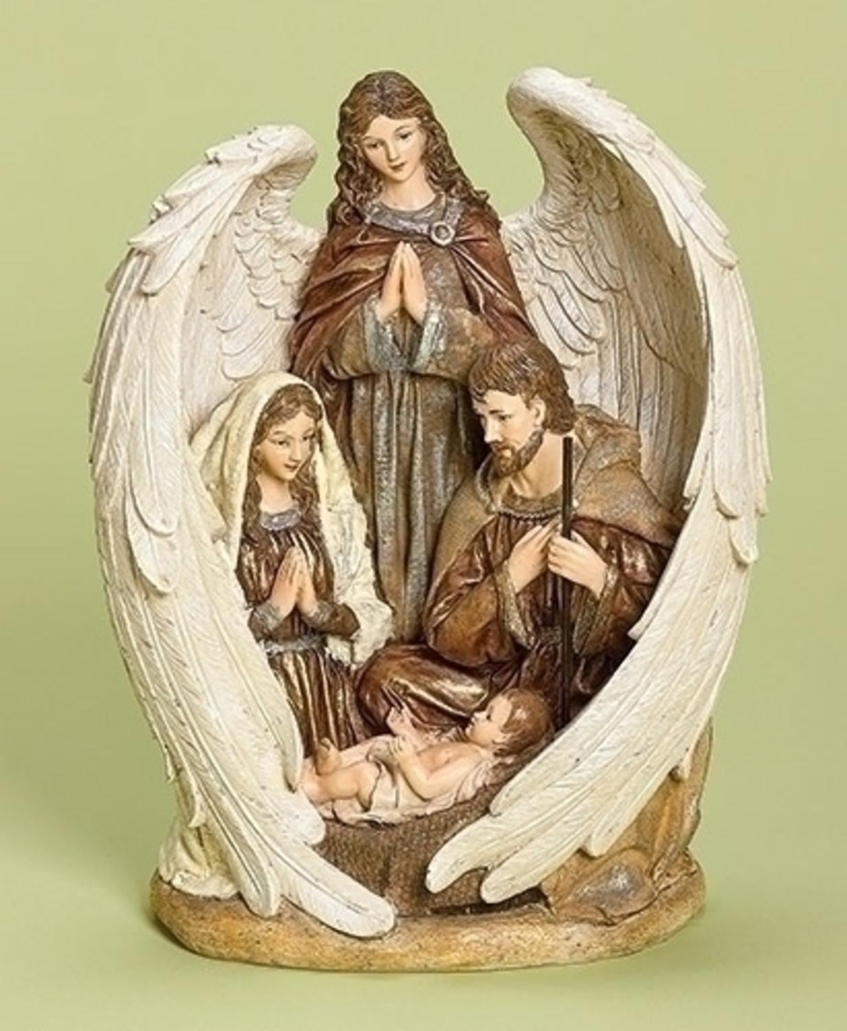12.5” Gold Colored Holy Family Embraced in Angel Wings Tabletop Figure