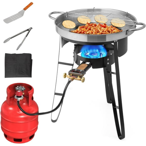 Bonnlo 23'' Concave Comal Set, 80,000BTU Propane Gas Stove & Heavy Burner Stand, Stainless Steel Discada Disc Cooker, Taco Para Carnitas Tortillas Stir Fry Wok for Backyard, Outdoor Cooking & Frying