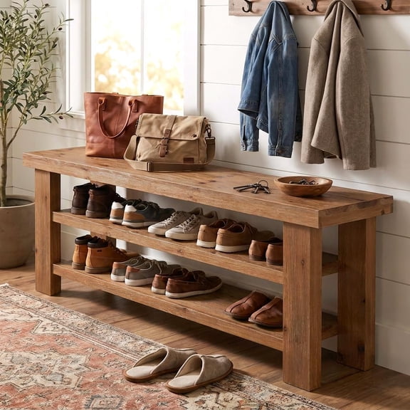 Finmind 63'' Solid Wood Shoe Storage Bench, 2-Tier Entryway Bench, Bedroom, Hallway, Natural
