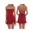 thumbnail image 3 of Yunliwuli Women's Ruffle Mini Dress Sleeveless Spaghetti Strap Cross Back Square Neck Dress Bodycon Dress Clubwear, 3 of 8