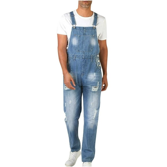 USNSM Men's Denim Bib Overalls Casual Washed Ripped-Hole Jumpsit Adjustable Suspender Straight Leg Cargo Pants with Pockets Light Blue L