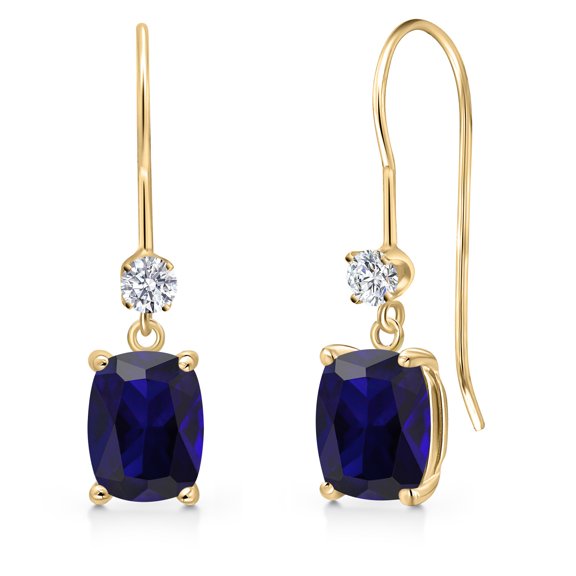 Gem Stone King 14K Yellow Gold Blue Created Sapphire and Lab Grown Diamond Dangle Earrings for Women | 2.13 Cttw | Gemstone September Birthstone | Cushion 7X5MM